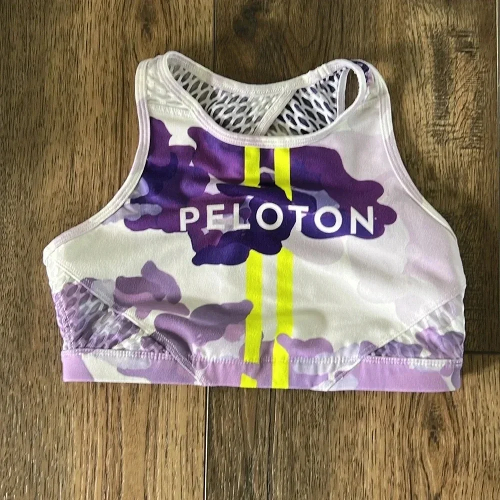 Peloton + WITH High Neck Sports Bra Nail Polish Camo Size Small